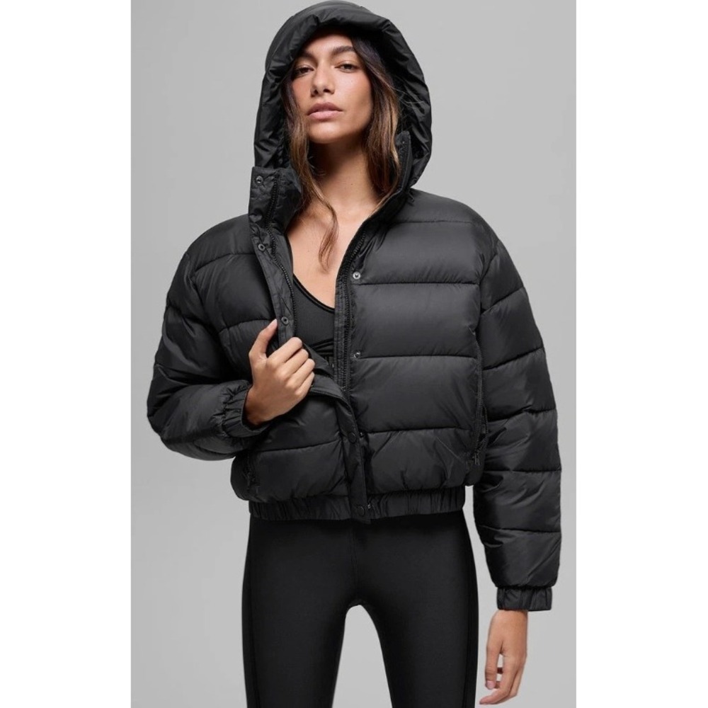 Alo Yoga Womens Aspen Love Puffer Jacket Black Hooded Cropped Coat Large